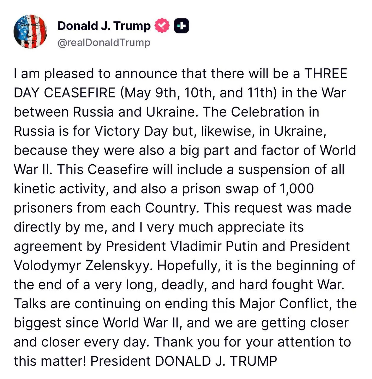 Дональд Трамп заявил, что обратился к лидерам России и Украины с просьбой провести обмен пленными по формуле «1000 на 1000» в рамках прекращения огня 9–11 мая.