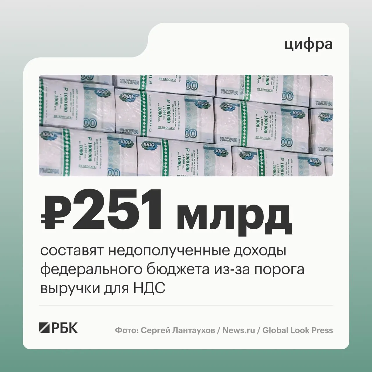 Законопроект предлагает оставить порог выручки для перехода на уплату НДС на уровне 20 млн руб. до 2029 года. Это приведёт к недополучению доходов бюджета в сумме 251,1 млрд руб.; в 2030 году НДС начнёт применяться при доходе свыше 15 млн руб.