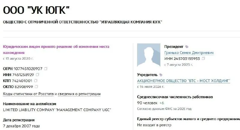 АО «БТС‑Мост Холдинг» победило в аукционе по национализированным активам и получило управление «ЮГК». Государство стало владельцем пакета год назад — 15 июля 2025 года.